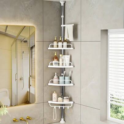 1 st hörnhylla för badrum, höjdjusterbar duschhylla 95-250 cm, med 4 korgar och 1 handdukshängare, vit badrumsorganisatör, badrumsdekoration, födelsedagsdekorationer, nyårspresenter, alla hjärtans dag-presenter (produktförpackningen har installationssteg)