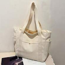 Sac fourre-tout en canevas à deux couleurs au choix, sac d'épaule de style universitaire avec fermeture éclair, sac de travail durable et spacieux pour étudiants et professionnels, sac à dos (Beige/Noir)