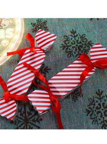 1/10/30/50/100 Pcs Christmas Candy Boxes With Ribbons, Red & White Striped Paper Gift Boxes For Candy, Chocolates, Party Favors, Xmas, Weddings & Party Decor, Christmas Room Decor Home Decor Christmas Decor Home Mystery Box Misteriosa Blind Box Halloween Candy Box Trick Or Treat Christmas Decorations