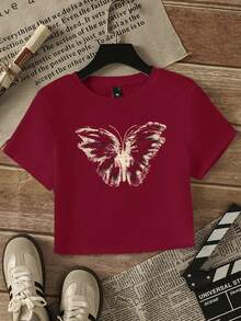 女士蝴蝶印花修身短款T恤，修身美式风格