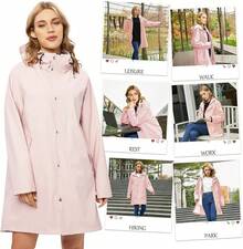 UNIQUEBELLA Rain Jackets For Women Waterproof, Raincoat Long Hooded Rain Coats Outdoor Windbreaker Trench Coat - 升級粉紅色 - 查看 5