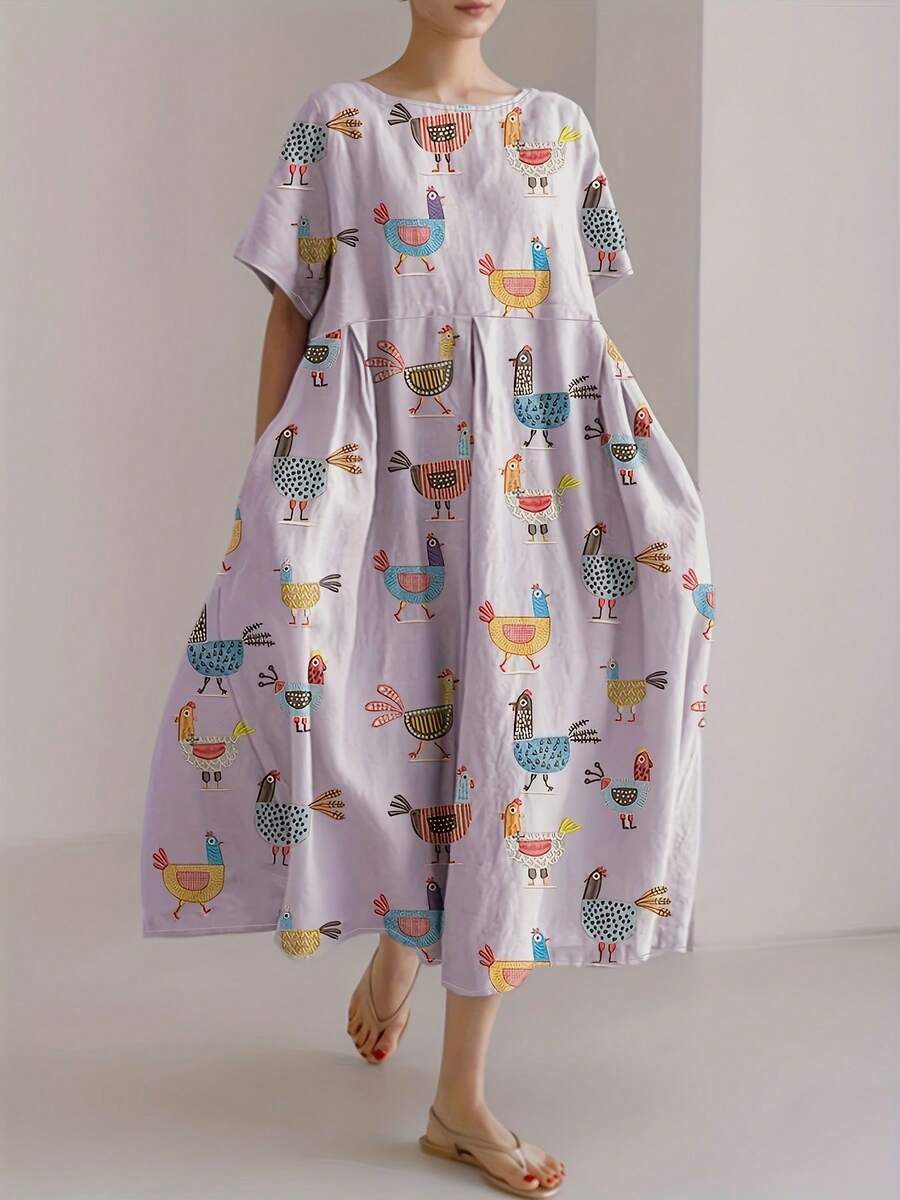 Vestido de estilo casual con diseño de bolsillo, silueta fluida y cuello redondo, con estampado divertido de pollo, talla grande - Púrpura claro - Ver 1