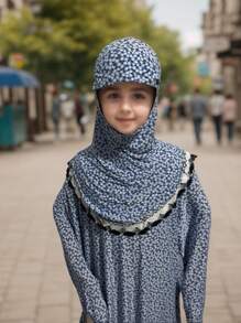5-13 Years Old Muslim Girls' Abaya Dress (Multiple Colors Available), Traditional Arabic Style Habaya, New Fashionable Muslim Girls' Outfit, Breathable Loose Pink Floral Design With Headscarf (Multiple Colors Available)
