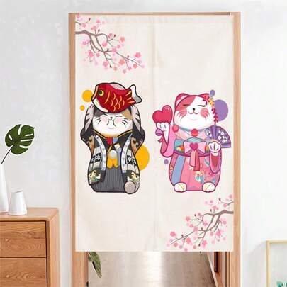 日式招财猫布艺窗帘，可爱卡通图案，无需钻孔安装，适用于卧室、客厅、玄关、隔断、装饰壁挂、风水
