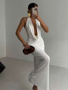 黑色时尚纯色大摇领设计性感修身优雅派对露背长裙 - 白色 - 查看 2