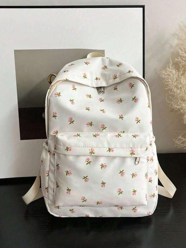 1pc White Nylon Floral Print Dual Zipper Large Capacity Fashionable Versatile Backpack, Student Bag, School Supplies, School Backpack, School Bag, Backpack For School, Back To School Backpack, School Bookbag, Big Backpack, Backpack School, Back To School Bags, Lightweight, Classic Casual, Suitable For Teen Girls Women College Students, Rookies & White-Collar Workers, Perfect For Back To School, First Day Of School, College, Outdoors, Travel, Outings, Shopping, Holiday, Vacation, Concert