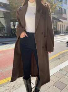 Women's Autumn Double Pocket Lapel Double Row Button Top Mid Length Jacket - Mocha Brown - View 1