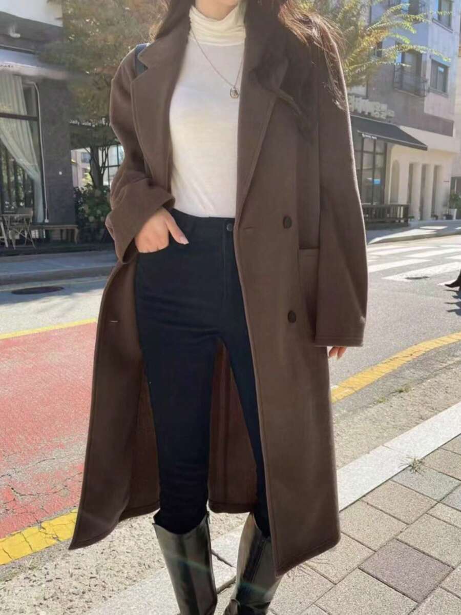 Women's Autumn Double Pocket Lapel Double Row Button Top Mid Length Jacket - Mocha Brown - View 1