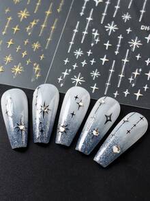 全息金属流星美甲贴纸金色银色黑色白色星星镀铬饰品 Y2K 镜面夜空中最亮的星星指甲滑块装饰美甲用品 - 彩色 - 查看 11