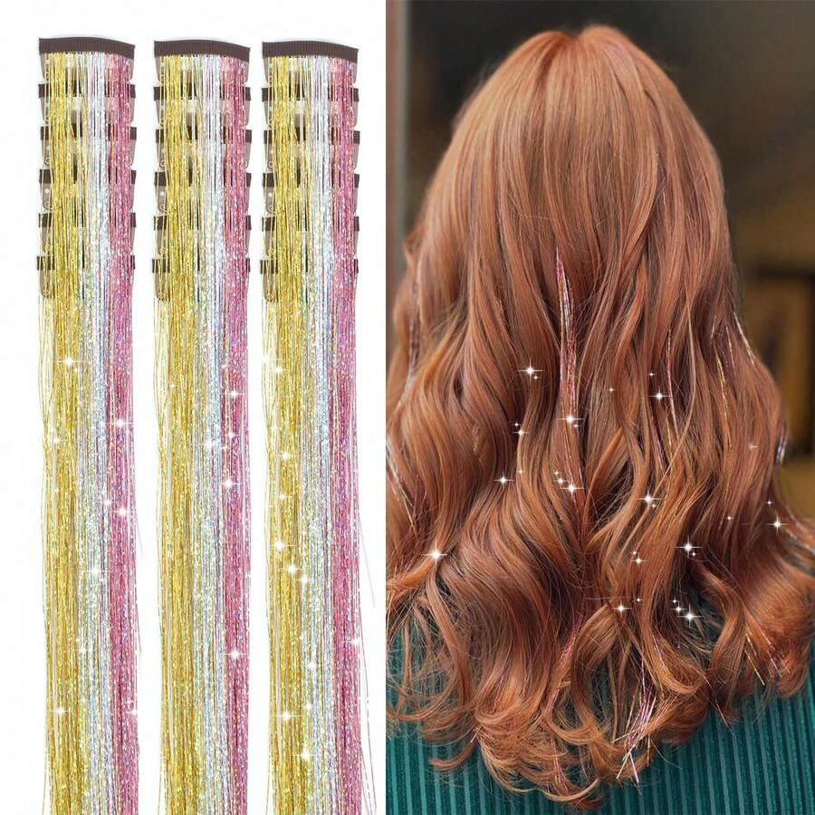 Bộ 6 kẹp tóc lấp lánh, tóc nối đính sequin dài 23,6 inch, phụ kiện tóc chịu nhiệt, thích hợp cho phụ nữ, bé gái và trẻ em (Màu bầu trời sao) - Nhiều màu - Xem 1