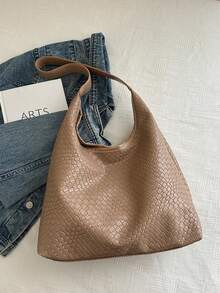 1 件女士时尚新月形编织 PU 皮革单肩包，带零钱包 - 卡其色 - 查看 7