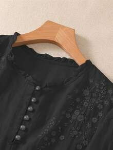 女式春夏粘胶刺绣轻薄宽松复古休闲中袖大码衬衫 - 黑色 - 查看 5