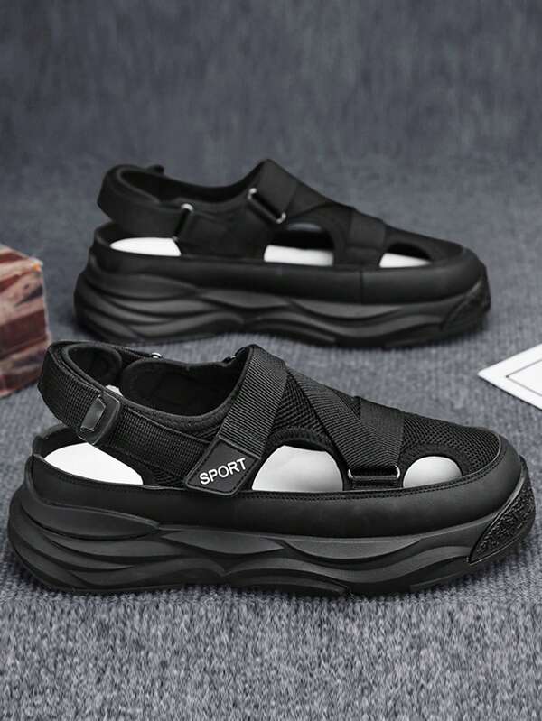 Sandalias casuales para hombre, nueva suela antideslizante de verano 2025, suela slip-on, diseño ligero y cómodo, de malla transpirable unicolor con estampado de letras, cómodas para uso diario, playa, vacaciones y deportes