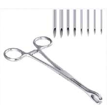 Kit de piercing cu 9 bucăți, ace, cleme, forceps și mănuși asortate - ideal pentru urechi, nas, buric, limbă, mamelon, sprâncene și buze 14G/16G/18G/20G
