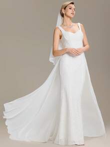 优雅无袖高腰鱼尾下摆A字型婚纱，适合草坪婚礼仪式白色礼服 - 白色 - 查看 6