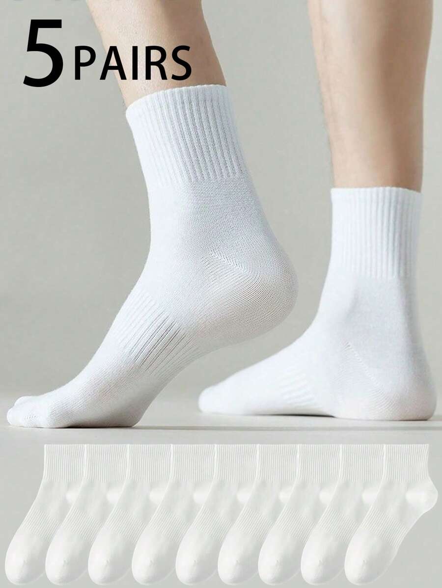 5 双女士纯色百搭中筒袜，百搭且适合日常穿着 - 彩色 - 查看 1