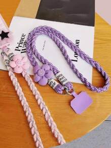 1pc Flower Braided Phone Lanyard Strap, Long Detachable Shoulder Strap For Outdoor Use, Sturdy Anti-Lost Strap With Bead Decoration, Comes With Pad