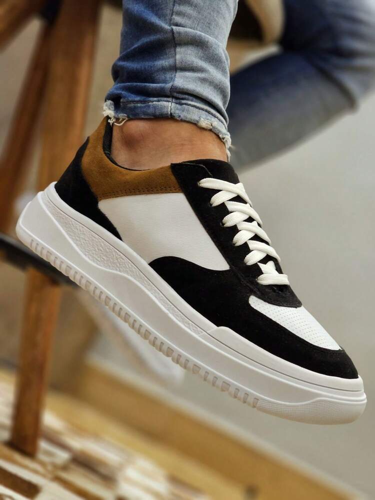 Tênis Sapatenis Masculino Sola Alta Na Moda Sneakers Macio Tricolor Moderno Casual Tênis SreetStyle - Preto e Branco - Visão 1