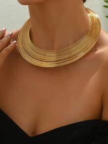 Juego de 4 piezas: 1 collar, 1 par de aretes, 1 anillo, 1 pulsera, conjunto de joyas clásicas retro tradicionales de múltiples capas tipo choker - Amarillo Oro - Ver 7