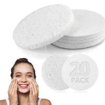 Natural Facial Cleansing Sponges- 20 Count Compressed Facial Sponges Cellulose Reusable Soft Cosmetic For Professional Makeup Removal, Facials Spa, Exfoliator, Skin Massage