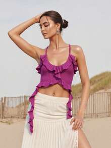 Women Halter Top, Tie-Up Sleeveless Tops Backless Ruffled Solid Summer Vest For Club Party - 玫紅色 - 查看 5
