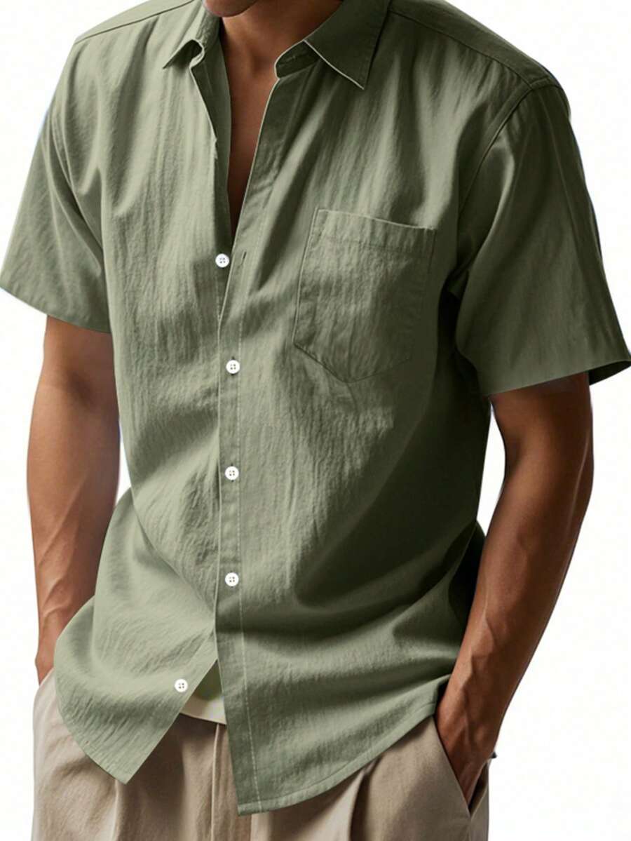Hawaiian Style Linen Loose Casual Henley Collar Short Sleeve Shirt