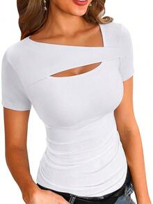 Womens Fashion Fall Cutout Long Sleeve Ribbed Slim Fitted Tops Shirts Tee Tshirts - 短白 - 查看 1