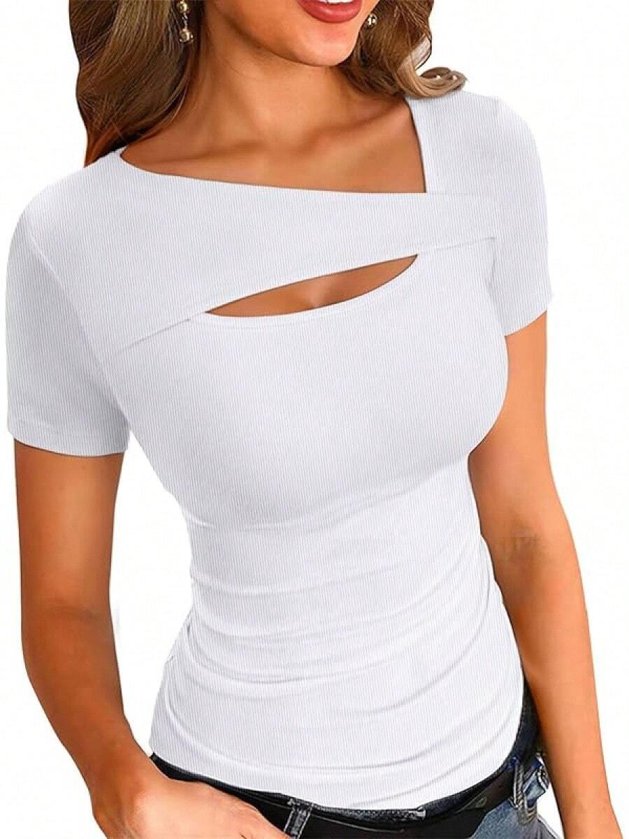 Womens Fashion Fall Cutout Long Sleeve Ribbed Slim Fitted Tops Shirts Tee Tshirts - 短白 - 查看 1