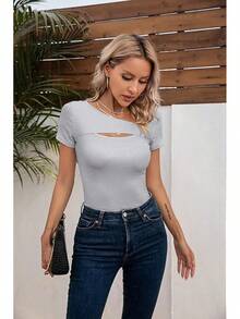 Womens Fashion Fall Cutout Long Sleeve Ribbed Slim Fitted Tops Shirts Tee Tshirts - Short-grey - View 8