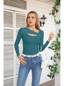 Womens Fashion Fall Cutout Long Sleeve Ribbed Slim Fitted Tops Shirts Tee Tshirts - Long-teal - View 3