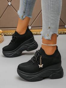 女士厚底坡跟鞋2024秋冬新款针织透气厚底运动鞋休闲系带坡跟鞋 - 黑色 - 查看 3