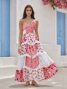 Vestidos de verano para mujer, vestido largo de playa con tirantes finos, estampado floral, estilo bohemio, corte en A, vestido largo fluido para invitada de boda. - Rojo - Ver 3