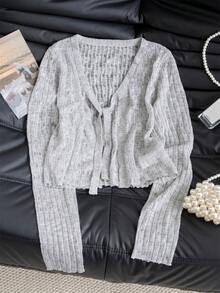 Áo len cardigan buộc dây hở vai tay dài, áo crop top cho mùa tựu trường - Xám - Xem 2