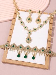 1 Set Luxury Metal Palace Style Water Drop Rhinestone Pendant Necklace Matching Earrings & Hollow Chain, 3pcs Arabic/France Romantic Gift Jewelry Set For Women - Necklace - View 3