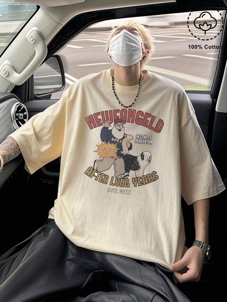 200g Cotton T-Shirt 2025 Men's New Short-Sleeved Cotton Vacation Pattern Short-Sleeved Crew Neck Matching Look - Màu be - Xem 1