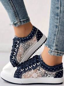 Women's Navy Blue Flower Decor Lace Mesh Low Top Sneakers, ChicMe Essence Autumn/Winter New Round Toe Lace Up Zipper Accent Ladies Casual Fashion Skate Shoes - 深藍色 - 查看 2