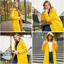 UNIQUEBELLA Rain Jackets For Women Waterproof, Raincoat Long Hooded Rain Coats Outdoor Windbreaker Trench Coat - 黃色羊毛 - 查看 5