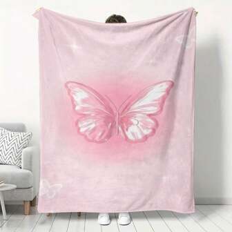 Couverture imprimée d'un papillon attrayant dégradé rose, couverture douce et chaude confortable pour la maison, la cuisine, le canapé, le camping, les loisirs