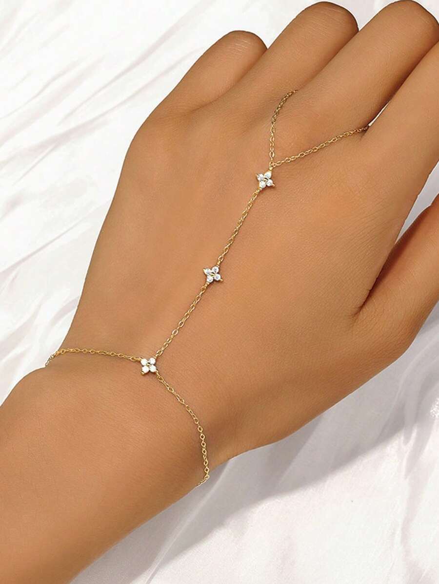 rakol 1pc Minimalist Hollow Cubic Zirconia Quatrefoil Geometric Finger & Back Hand Chain Jewelry, Suitable For Decoration