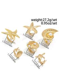 6pcs Exaggerated Ocean Elements Shell, Fan Conch, Starfish Design Rings, Vintage Bohemian Faux Pearl Decor Alloy Adjustable Rings Set, Personalized Unique Design For Women Daily & Holiday Wear - Starfish Ring - View 10