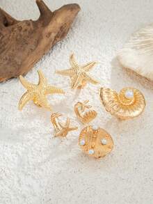 6pcs Exaggerated Ocean Elements Shell, Fan Conch, Starfish Design Rings, Vintage Bohemian Faux Pearl Decor Alloy Adjustable Rings Set, Personalized Unique Design For Women Daily & Holiday Wear - Starfish Ring - View 8