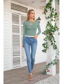 Womens Fashion Fall Cutout Long Sleeve Ribbed Slim Fitted Tops Shirts Tee Tshirts - Long-moss Green - View 5