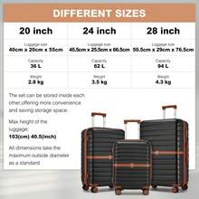 Cabin Size Suitcase 20/24/28 Inch Carry On & Check In Spinner ABS+PC Suitcase With Lock & Wheels, Small Medium Large For Travel Holiday Family Women Men Students University, 3 Piece Luggage Set Option - 黑色 - 查看 6