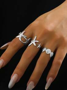 2pcs Metal Ocean Series Rings Set, 3D Starfish And Shell Adjustable Rings For Women, Suitable For Ball, Party, Holiday Wear, Girlfriends' Date Gift