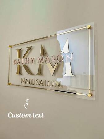 Personalization Transparent Acrylic Sign With Rose Gold And Golden Letters And Gold Lines, Custom Made Rectangle Salon Decor Sign For The Wall 3D Acrylic Business Sign | Custom Text Wall Signage | Rectangle Logo Sign | Hair Salon, Nail Studio, Aesthetics Clinic, Beauty Shop Signs, Multi-Functional, Ornamental, Letter, Solid Color, Exquisite, Stylish