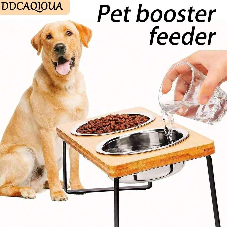 DDCAQIOUA Cat Bowl Dog Bowl, 15 Degree Angled Pet Bowl Holder, Pet Accessories Anti-Vomit Design, Dog Accessories, Adjustable Wooden Dog Bowl Holder, Cat Accessories, Border Collie Golden Retriever Teddy Dog Bowl With 2 Stainless Steel Bowls For Kittens And Puppies To Eat And Drink - 黃色 - 查看 1
