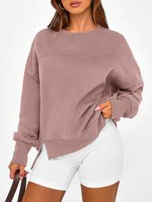 Women's Casual Round Neck Sports Shirt Autumn Winter Long Sleeve Side Slit Solid Color Pullover Hoodie Top - hồng xám - Xem 3