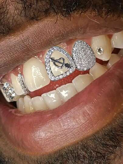 1 PC Retro Hip-Hop Arrow Piercing Hollow Out Diamond Inlaid Copper And Zirconium Tooth Set Decoration Halloween Funny Heart Full Of Diamond Dentures