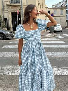 女士格子优雅波西米亚休闲荷叶边褶皱下摆蓝白连衣裙，适合新年、度假、夏季、情人节、生日、派对、节日穿着 - 藍白色 - 查看 2