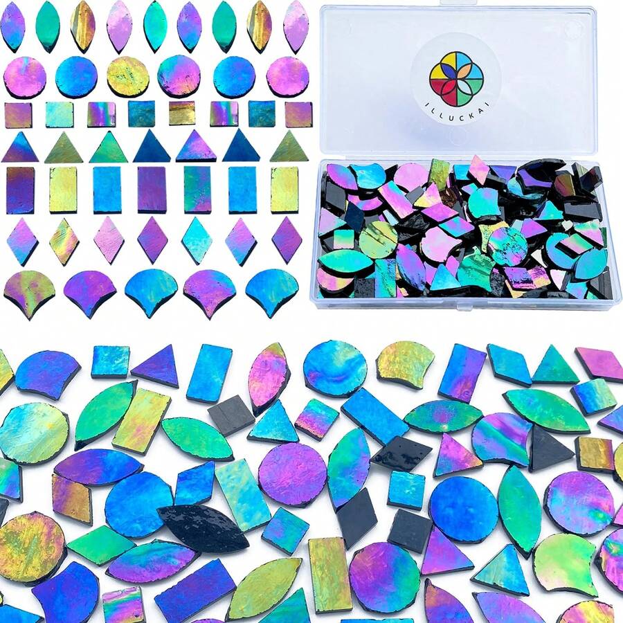 7 Shapes Iridescent Glass Mosaic Tiles For Crafts, 280g Stained Glass Sheets For Home Decor, Mosaic Pieces For Mosaic Projects ( Iridescent Black) - Universal - View 1